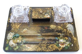 Appraisal: VICTORIAN HAND PAINTED PAPIER MACHE INK STAND WITH TWO WELLS