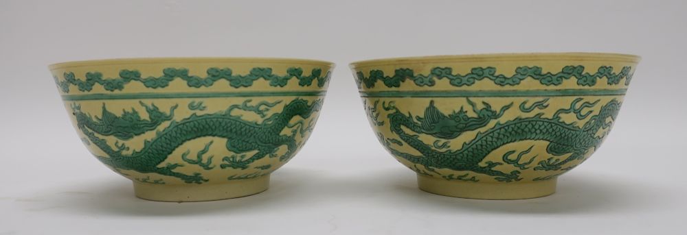 Appraisal: Pair Chinese Porcelain Yellow Bowls Yellow ground with green dragons