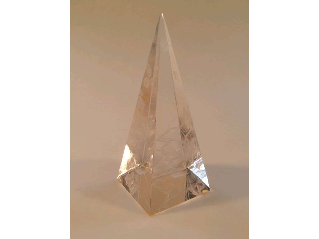 Appraisal: A Moser glass pyramid etched with Japanese fir bamboo and