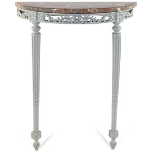 Appraisal: A Louis XVI Style White-Painted Marble-Top Demilune Console Table Possibly