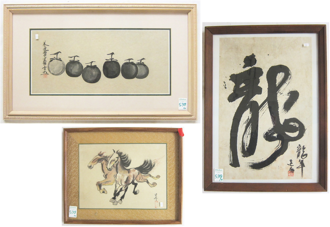 Appraisal: THREE CHINESE INK WASHES AND WATERCOLORS ON CANVAS depicting horses