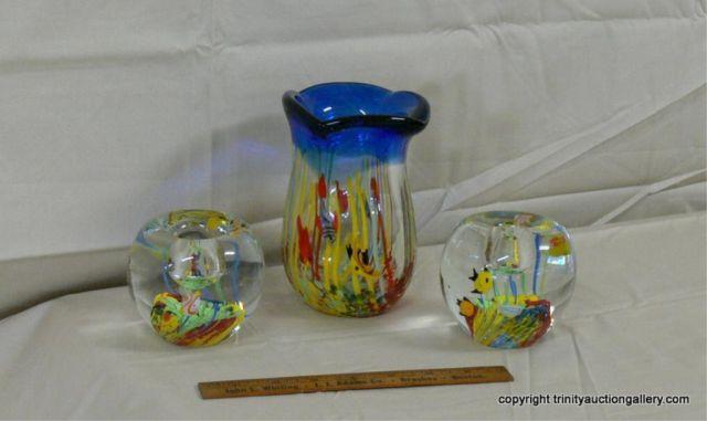 Appraisal: Blown Art Glass Vase and Candle Holder Set - heavy