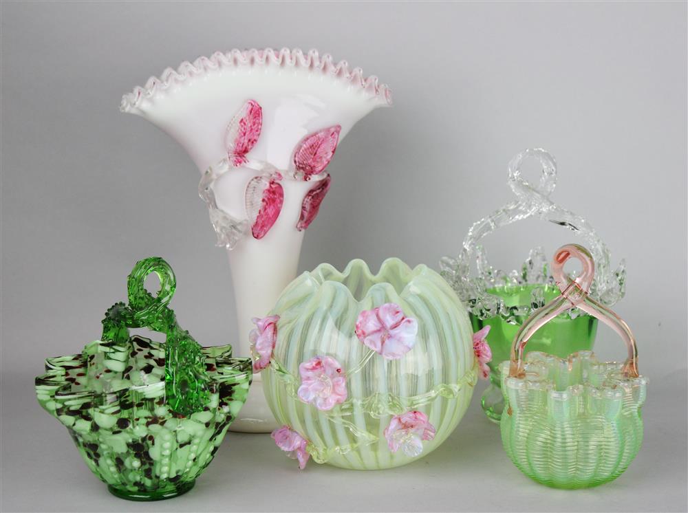 Appraisal: THREE GLASS BASKETS AND TWO VASES including a white on