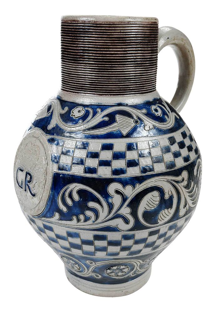 Appraisal: Westerwald Salt Glazed GR Stoneware Jug German circa - reeded