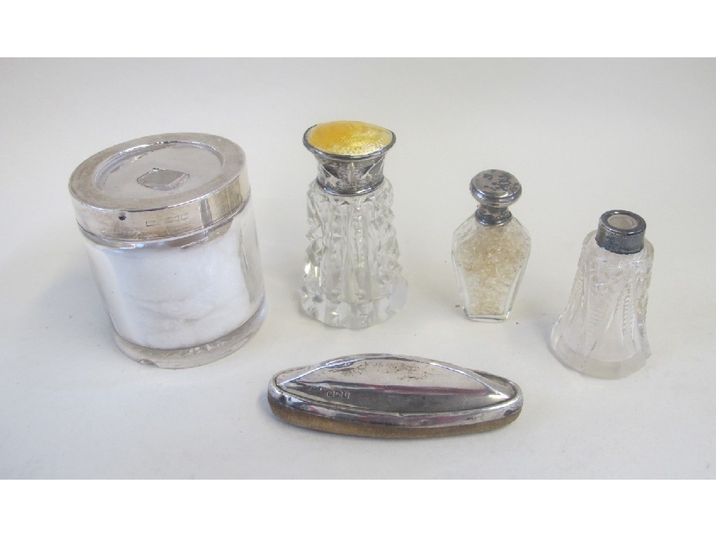 Appraisal: Lot comprising three silver mounted dressing table bottles and jars