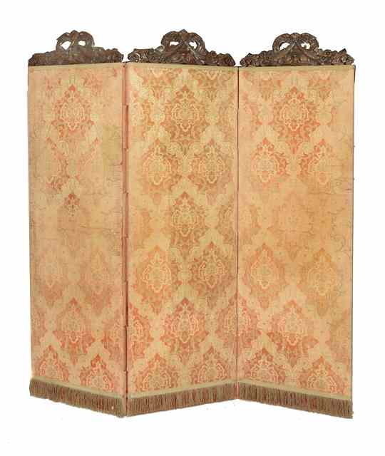 Appraisal: AN ANTIQUE THREE FOLD DRAUGHT SCREEN the walnut cresting rails