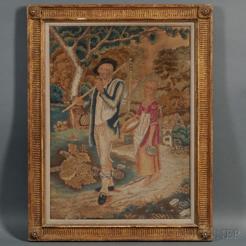 Appraisal: Framed Needlework Picture of Two Figures mid to late th