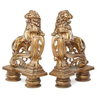 Appraisal: RENAISSANCE REVIVAL GILT BRONZE ANDIRONS Each cast as a rampant