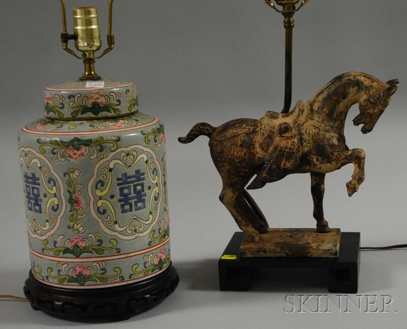 Appraisal: Two Decorative Chinese-style Table Lamps an enamel-decorated porcelain jar lamp