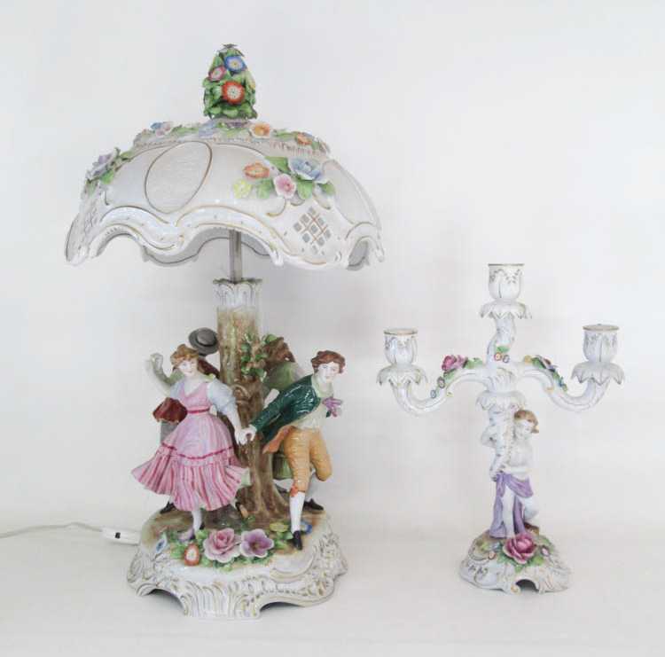 Appraisal: DRESDEN FIGURAL PORCELAIN TABLE LAMP AND CANDELABRUM the table lamp