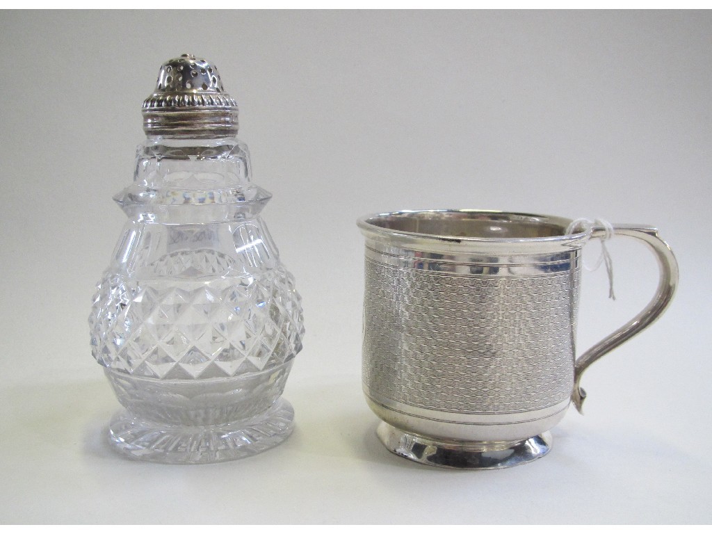 Appraisal: Lot comprising silver christening mug and a silver topped castor