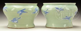 Appraisal: PAIR OF CELADON GLAZED PLANTERS PAIR OF CELADON GLAZED PLANTERS