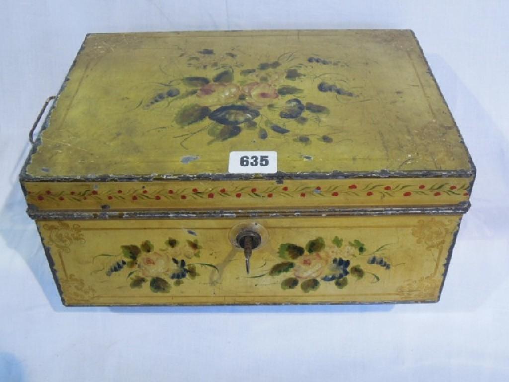 Appraisal: A Victorian painted tin box with a floral spray to