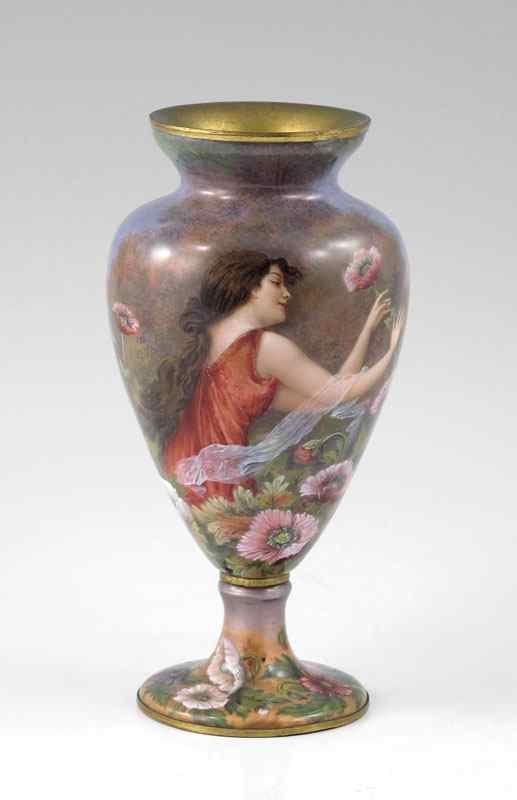 Appraisal: ARTIST SIGNED FRENCH ENAMEL VASE Maiden with long flowing hair