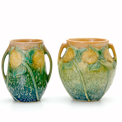 Appraisal: ROSEVILLE Two Sunflower two-handled vases one with very crisp mold