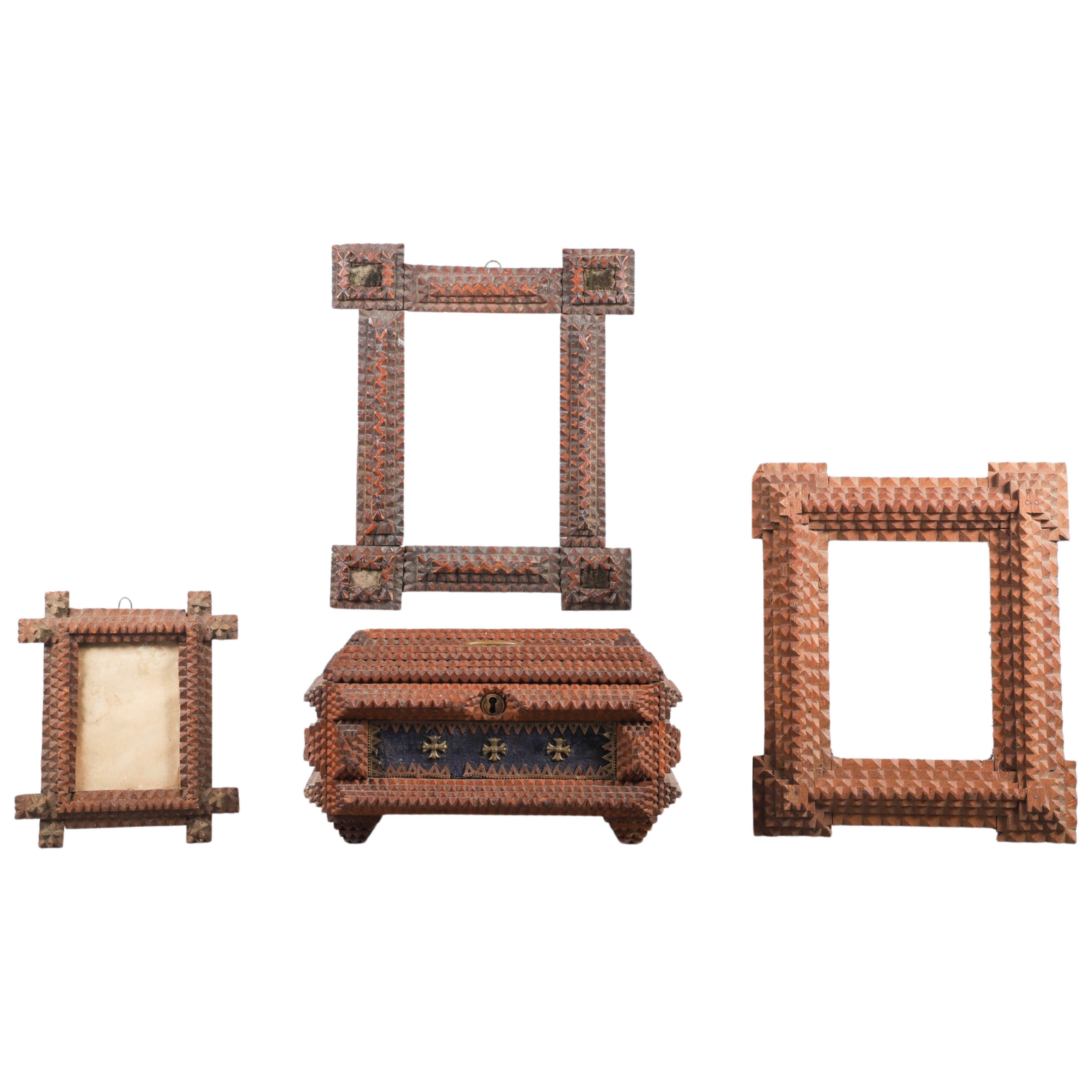 Appraisal: Tramp art frames and box to include near pair square