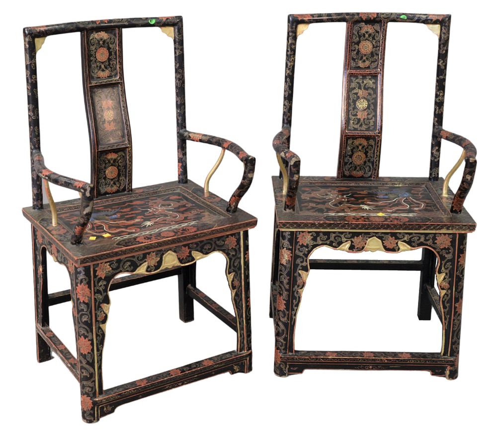 Appraisal: Pair of Chinese Armchairs paint decorated with dragon bird and