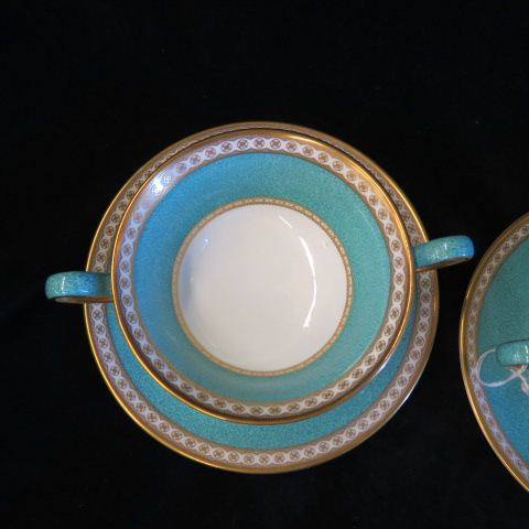 Appraisal: Wedgwood Bone China Cream Soups with saucers turquoise gold excellent