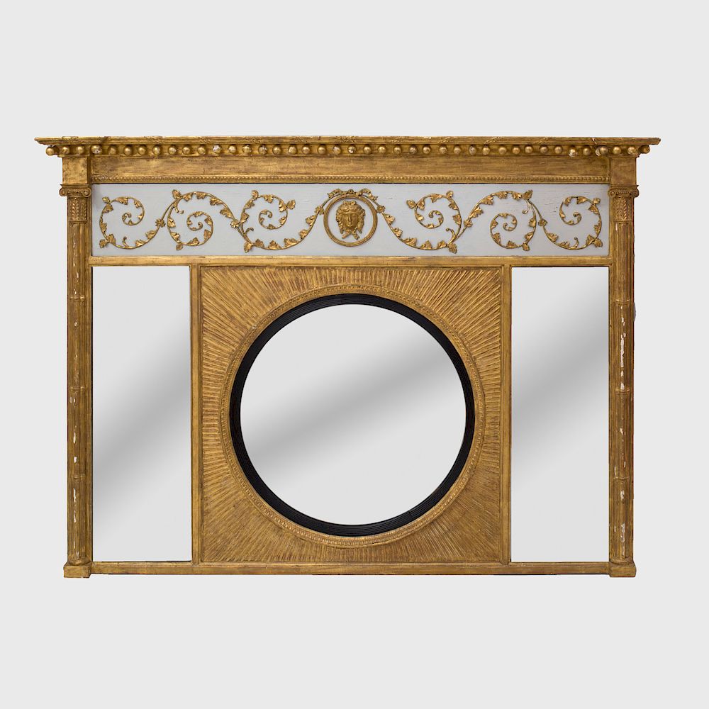 Appraisal: Fine Regency Painted and Parcel-Gilt Convex Overmantle Mirror by Thomas