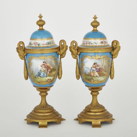 Appraisal: Pair of Gilt Bronze Mounted S vres Blue Ground Vases