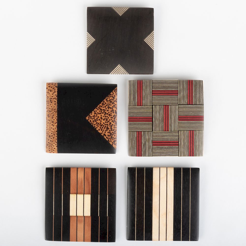 Appraisal: Five Contemporary Square Wood Brooches Largest x in Condition Overall