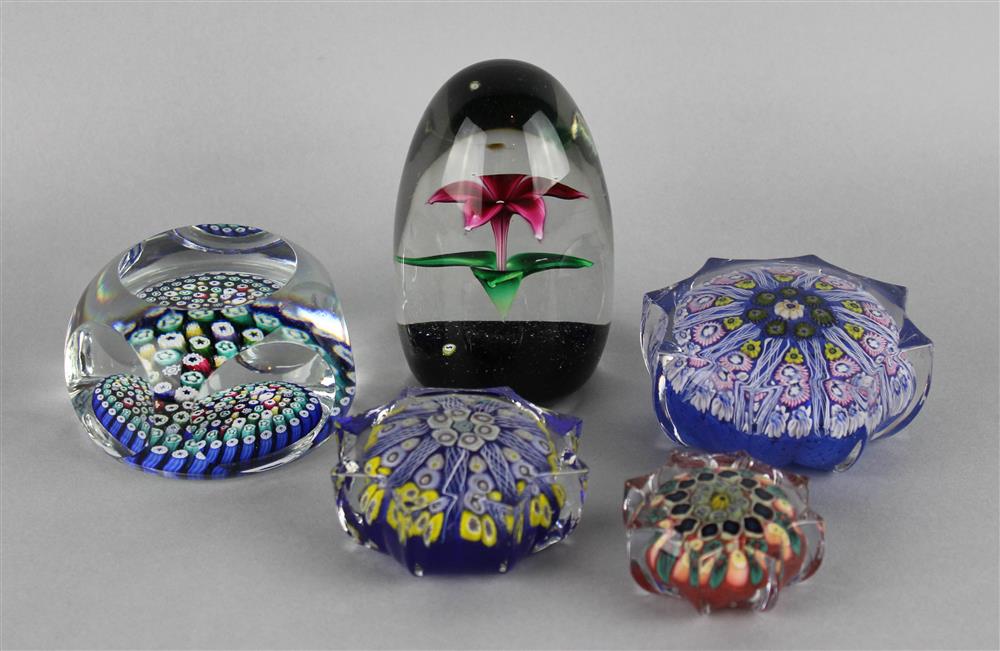 Appraisal: FOUR STRATHEARN PAPERWEIGHTS including an eight-pointed millefiori star -- w