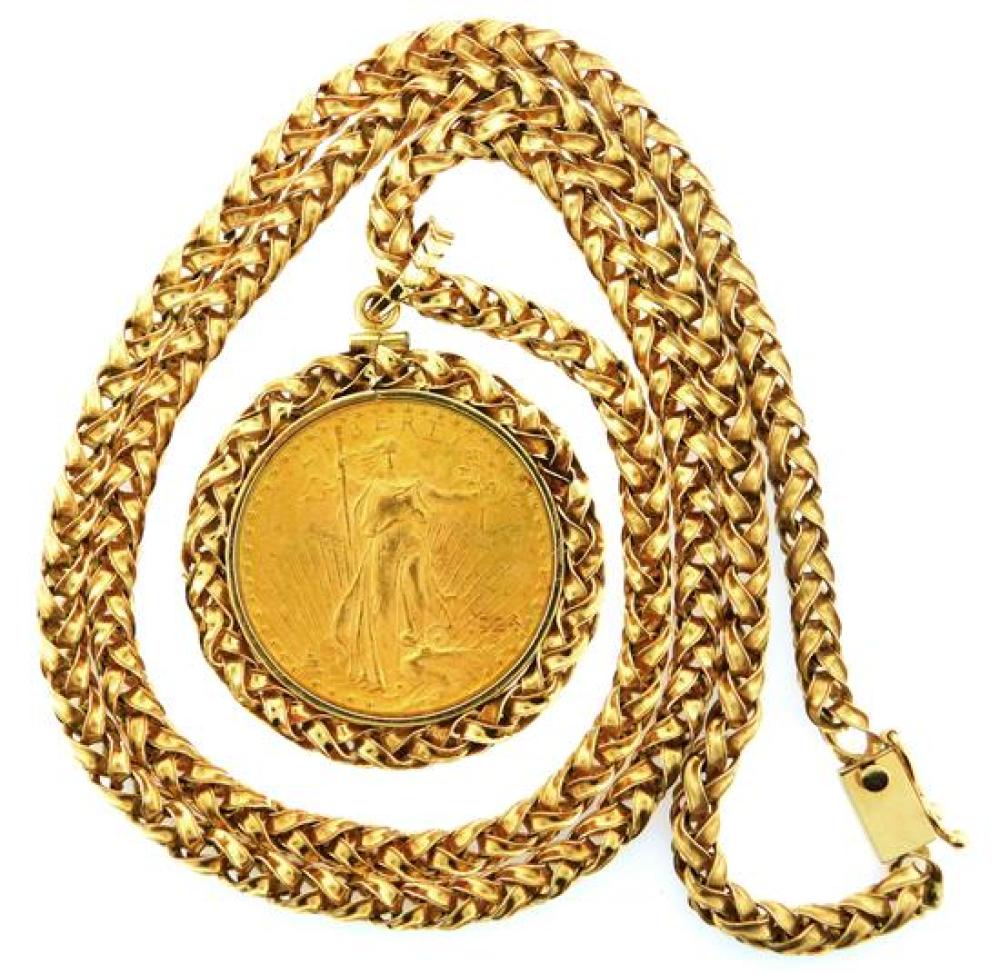 Appraisal: JEWELRY K Coin Pendant with chain pendant stamped and tested