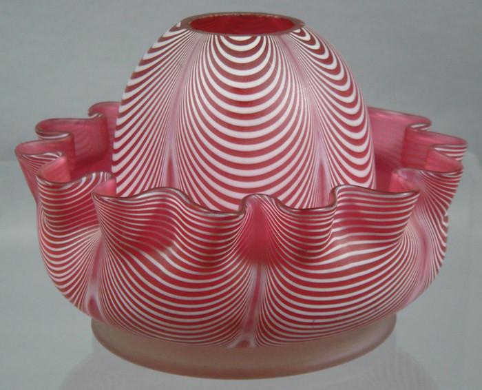 Appraisal: Cranberry satin glass fairy lamp white ribbon pattern d h