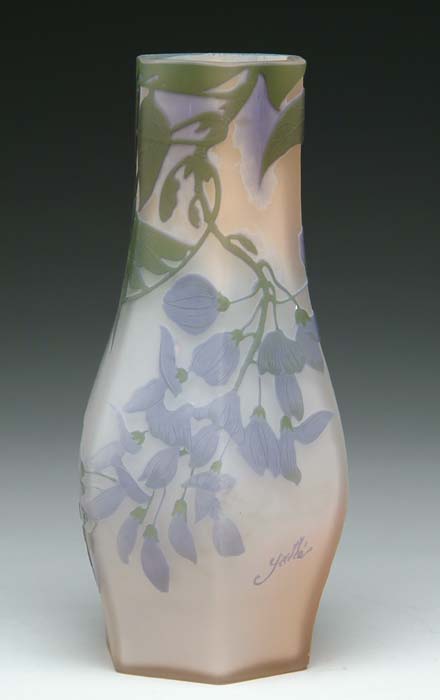 Appraisal: GALLE CAMEO VASE Six sided vase is decorated with purple