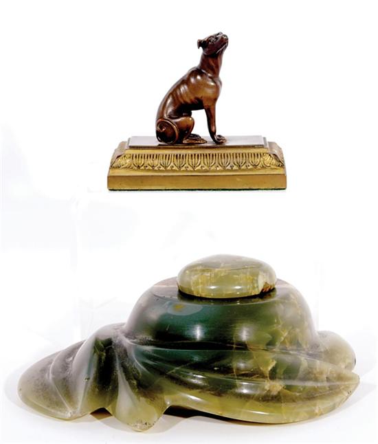 Appraisal: Carved onyx inkwell and miniature bronze figure circa Art Deco