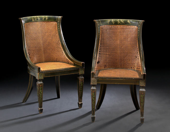 Appraisal: Pair of Edwardian Ebonized and Polychromed Gondola Chairs ca in