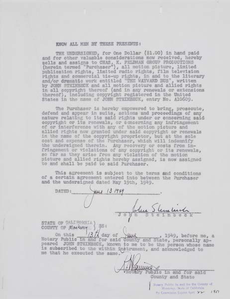 Appraisal: JOHN STEINBECK Typed contract signed by Steinbeck assigning the movie