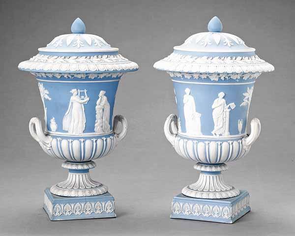 Appraisal: A Pair of Wedgwood Blue and White Covered Urns marked