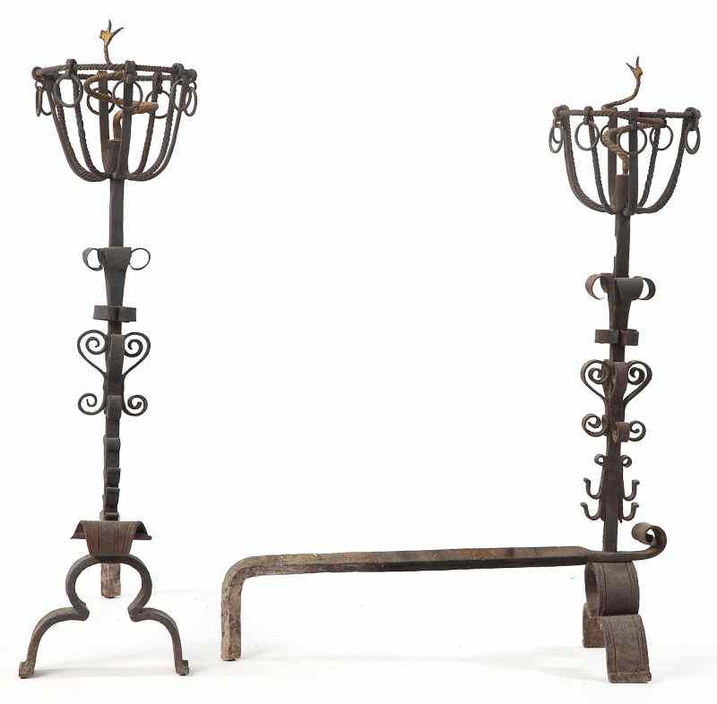 Appraisal: Pair of Victorian Andironswrought iron trefoil base square shaft with