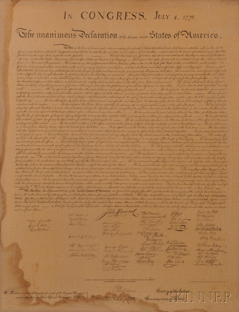 Appraisal: Declaration of Independence Facsimile Photolithographic facsimile Washington D C The