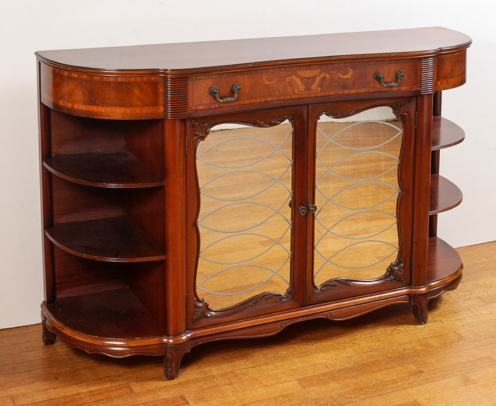 Appraisal: MAHOGANY INLAID CREDENZA FOYER TABLE Serpentine top and front with