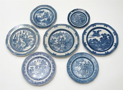 Appraisal: Seven blue and white plates printed with Chinese landscape scenes