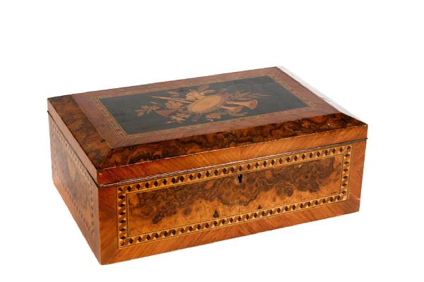 Appraisal: A burl walnut and kingwood marquetry decorated work box height