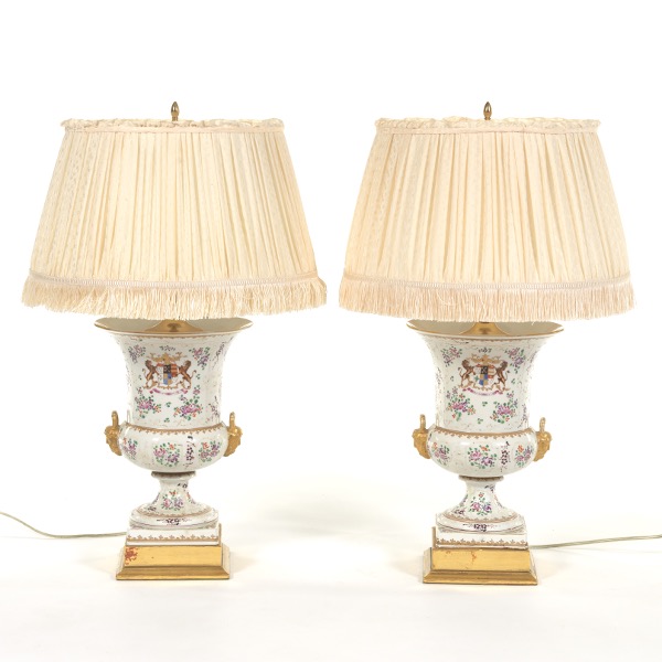 Appraisal: PAIR OF SAMSON PORCELAIN ARMORIAL CAMPANA URN LAMPS WITH SILK