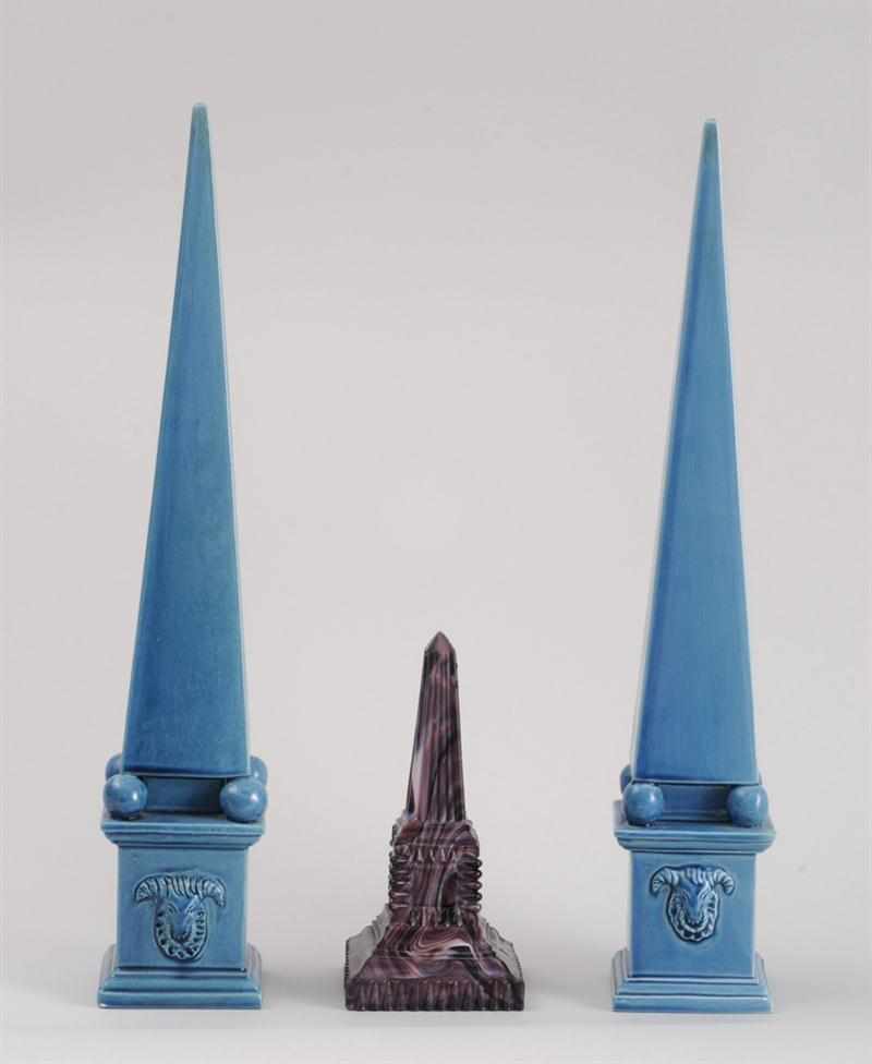 Appraisal: PAIR OF TURQUOISE-GLAZED POTTERY OBELISKS AND A PRESSED GLASS OBELISK