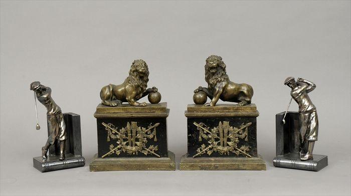 Appraisal: Pair of Empire-Style Patinated Brass Andirons Together with a pair