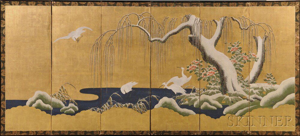 Appraisal: Six-panel Folding Screen Byobu Japan th century ink and color