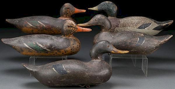 Appraisal: FIVE PAINTED WOOD DUCK DECOYS CIRCA FIVE PAINTED WOOD DUCK