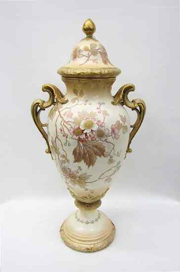 Appraisal: GERMAN ROYAL BONN PORCELAIN COVERED URN hand enameled floral decoration