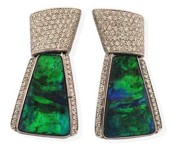 Appraisal: AN IMPRESSIVE PAIR OF BOULDER OPAL AND DIAMOND EARRINGS Each