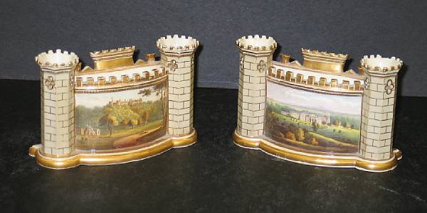 Appraisal: A pair of Staffordshire porcelain castle form stationery holders second