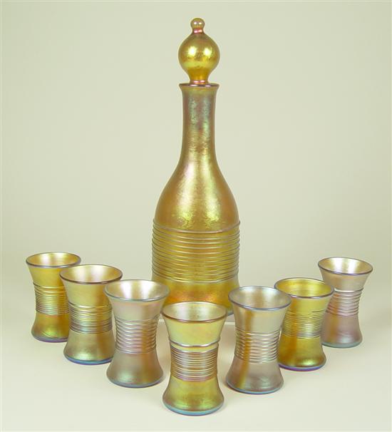 Appraisal: Unmarked Decanter Set Possibly Durand In gold iridescent glass Decanter