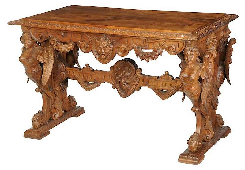 Appraisal: Renaissance Revival Carved Walnut Library Table late th century rectangular