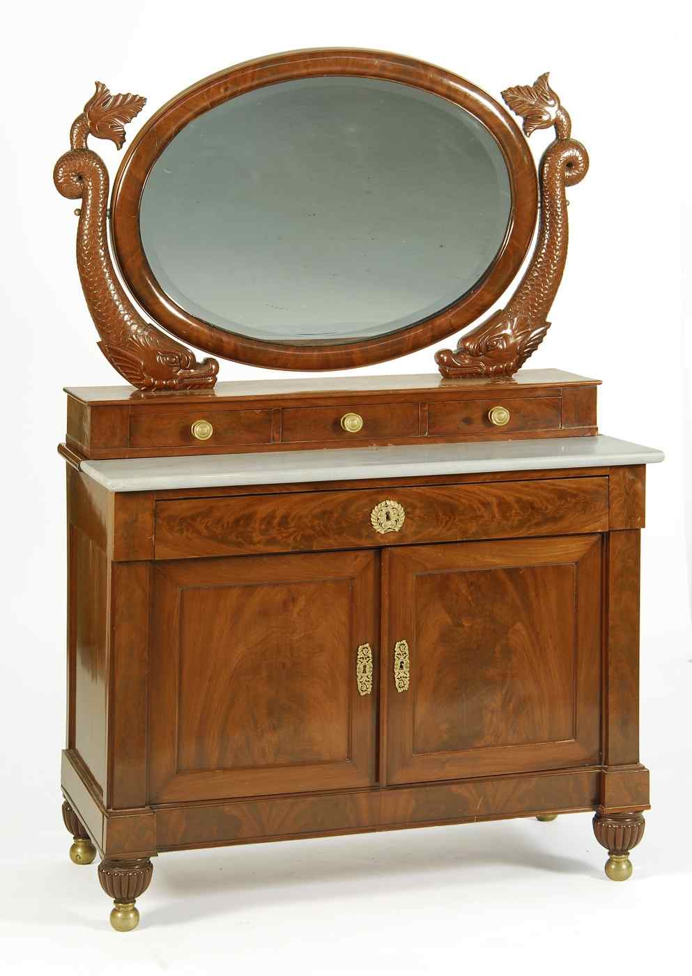 Appraisal: ANTIQUE AMERICAN EMPIRE MARBLE-TOP SERVER WITH MIRRORCirca In mahogany Oval