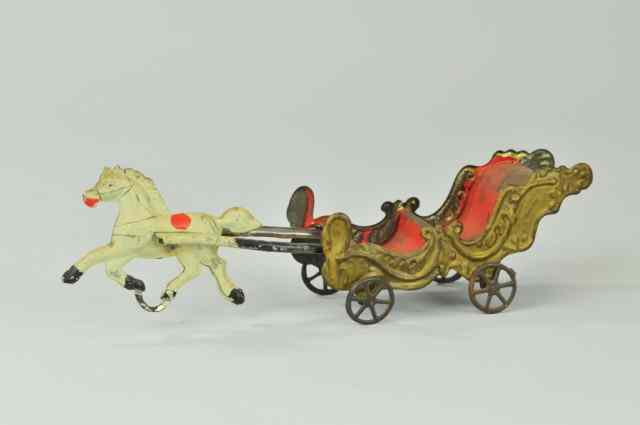 Appraisal: HORSE DRAWN CHARIOT TOY Early American tin example swan stamped